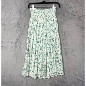 Cottagecore Ditzy Floral Tiered Midi Skirt Small Smocked Waist Picnic Blue Party